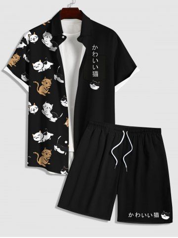 Men's Cats Japanese Characters Print Shirts and Shorts Plus Size Matching Set - BLACK - ONE SIZE