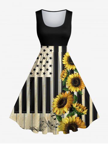 Plus Size American Flag Piano Sunflower Print 1950s Vintage Swing A Line Dress - BLACK - M