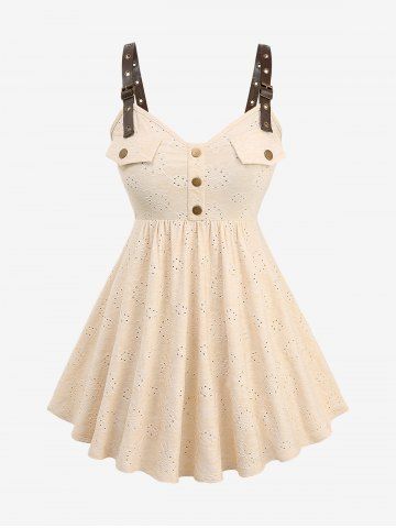Plus Size Hollow Out Jacquard Mock Button PU Strap Buckle Grommet Backless Tank Top - BEIGE - 1X | US 14-16