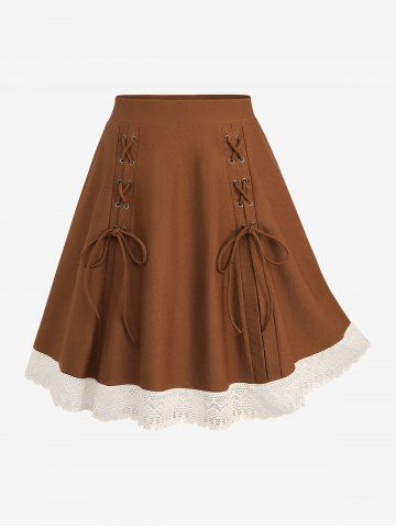 Plus Size Lace Up Crochet Hollow Out Ethnic Trim Patchwork A Line Skirt - COFFEE - M | US 10