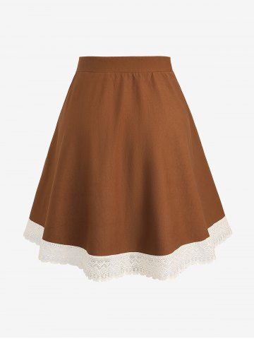 Plus Size Lace Up Crochet Hollow Out Ethnic Trim Patchwork A Line Skirt