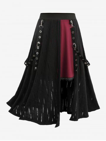 Gothic Plus Size Revit Lace Trim Grommets Ribbon Cut Out Ribbed Skirt - BLACK - S | US 8