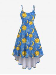 Robe Asymétrique Ligne A Etoile Lune et Soleil Imprimés de Grande Taille à Paillettes - Bleu 6X