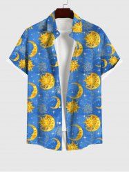 Chemise Boutonnée Etoile Lune et Soleil Imprimés avec Poche de Grande Taille à Paillettes pour Homme - Bleu L
