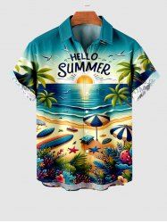 Plus Size Seascape Beach Sea Waves Sunset Coconut Tree Sunshade Print Hawaii Shirt For Men -  