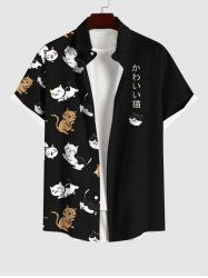 Chemise Chat Japonais Imprimé avec Poche Boutonnée - Noir 3XL