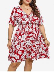 Plus Size Flowers Leaf Print Ruched Flutter Sleeve Dress -  