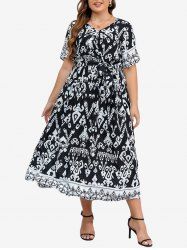 Robe Cache-Coeur Vintage Imprimée Florale Grande Taille avec Ceinture - Noir 4XL