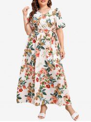 Plus Size Flowers Leaf Print Surplice Dress With Belt -  