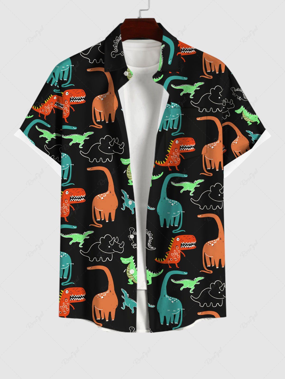 Chemise Colorée Dinosaure Imprimé avec Poche Boutonnée pour Homme Noir 2XL