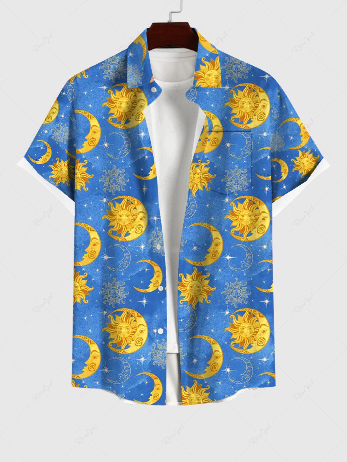 Cheap Plus Size Sun Moon Glitter Stars Print Button Pocket Shirt For Men  