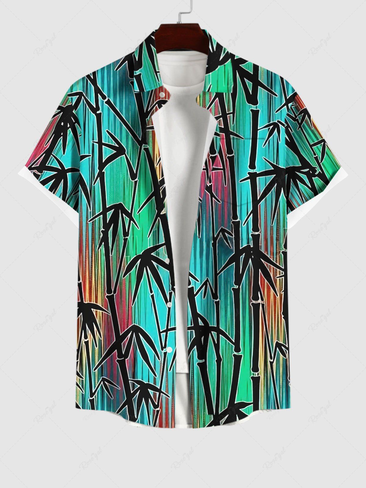 Affordable Plus Size Bamboo Colorful Striped Print Hawaii Buttons Pocket Shirt For Men  