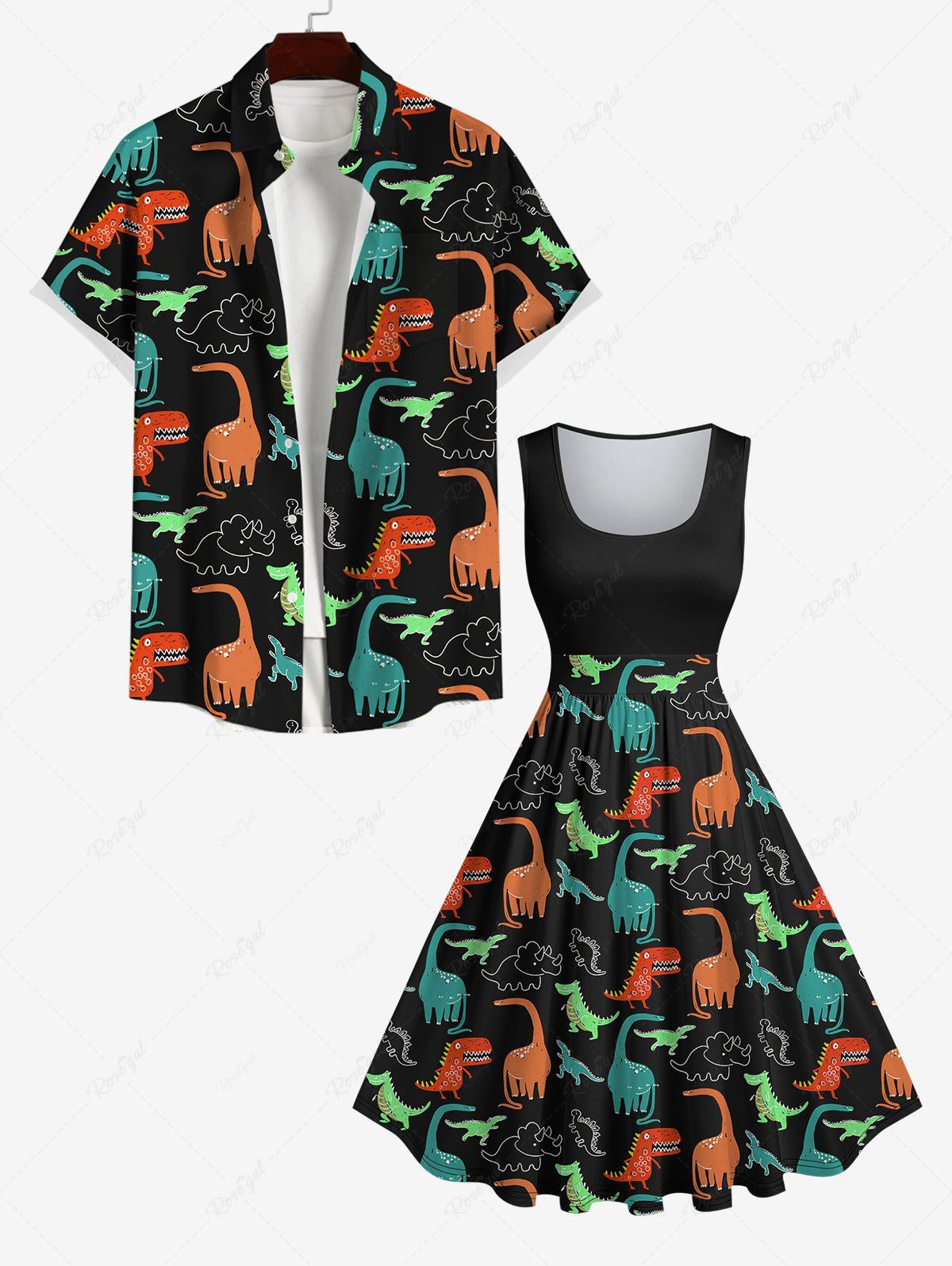 Sale Colorful Dinosaur Print Plus Size Matching Hawaii Beach Outfit For Couples  