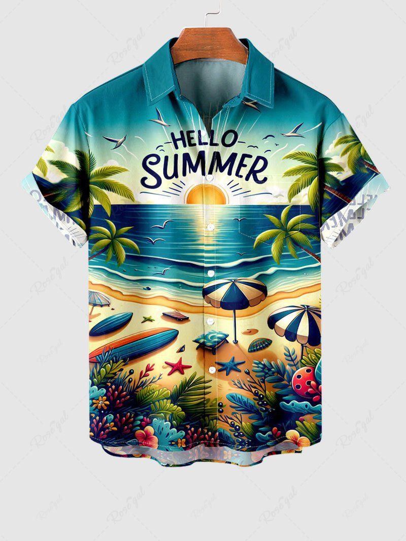 Latest Plus Size Seascape Beach Sea Waves Sunset Coconut Tree Sunshade Print Hawaii Shirt For Men  
