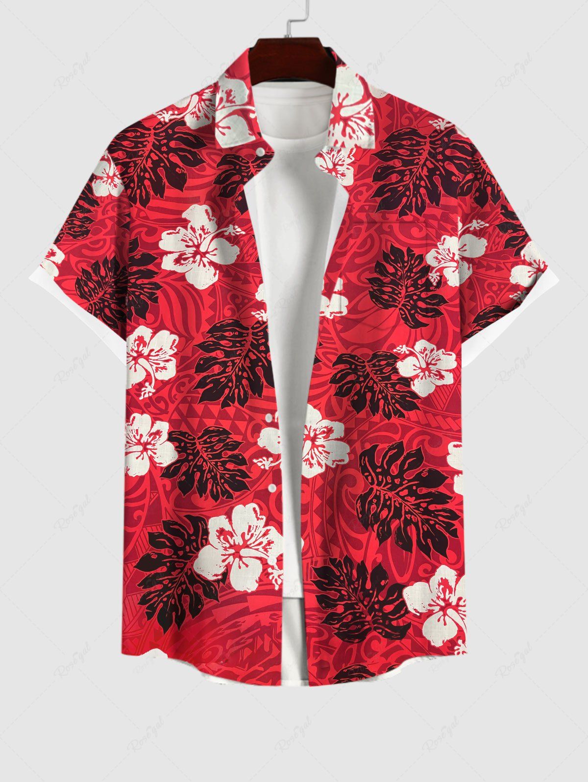 Chemise Décontractée Imprimé Feuilles de Palmier et Fleurs avec Poches Grande Taille Rouge XL