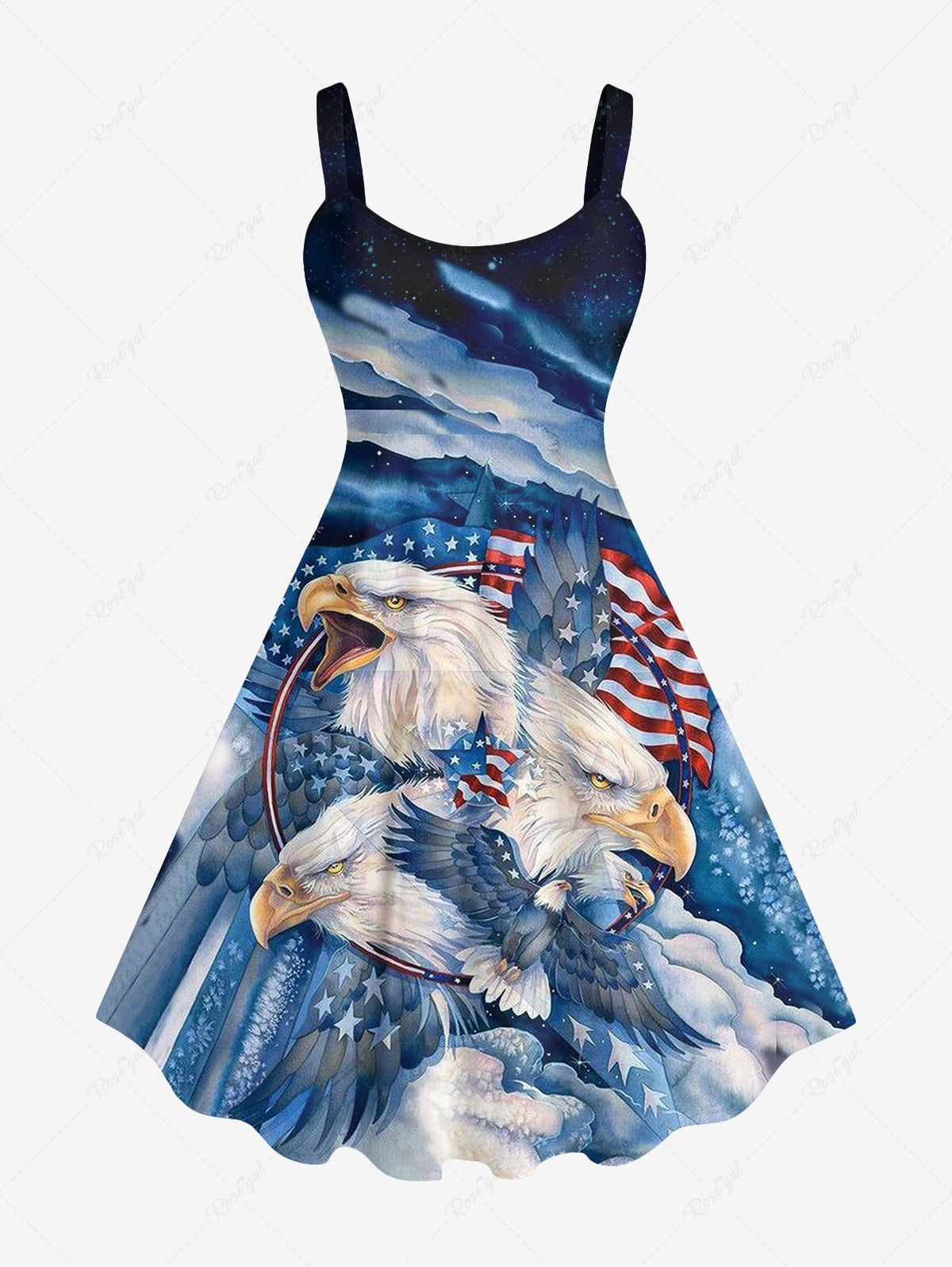 Cheap Plus Size Eagle Cloud American Flag Print Backless A Line Tank Dress  