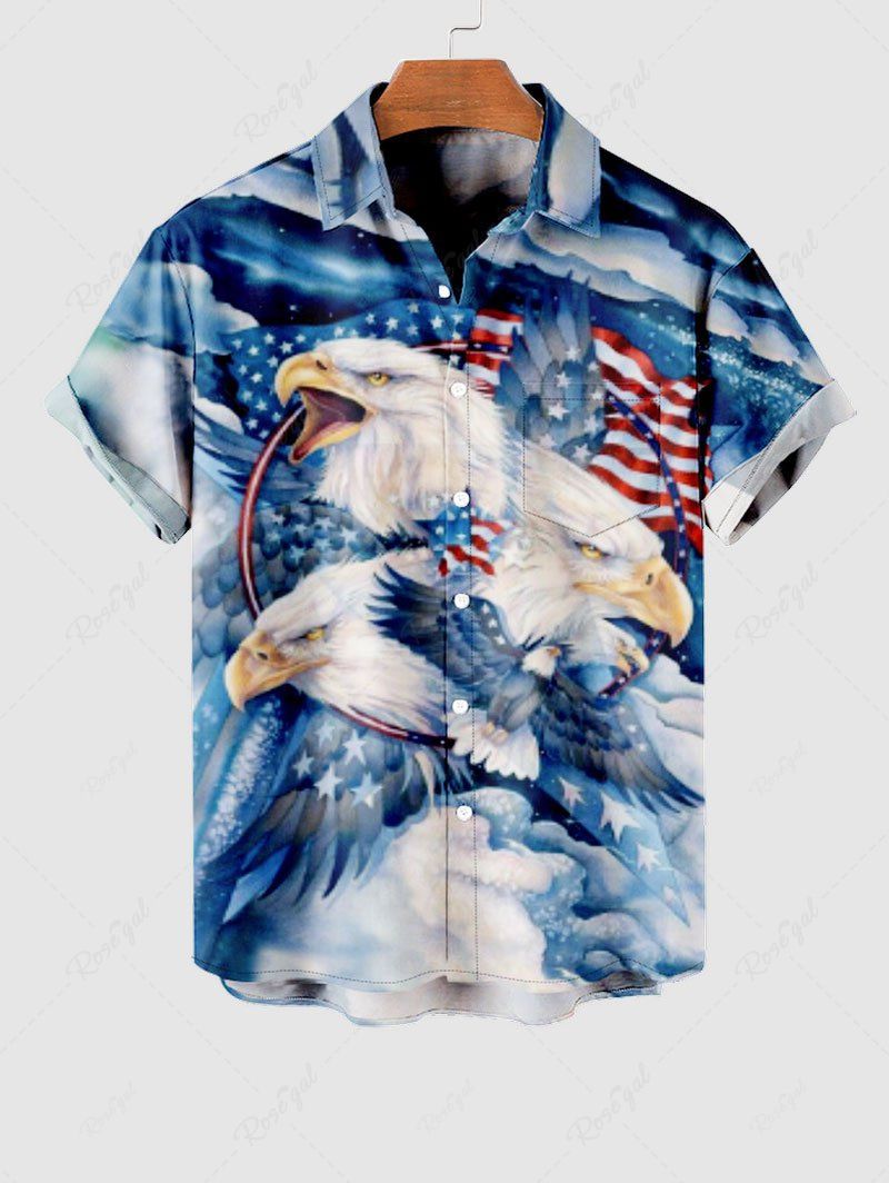Chemise Drapeau Américain Aigle et Nuage Imprimés avec Poche Boutonnée de Grande Taille pour Homme Multi-A XL