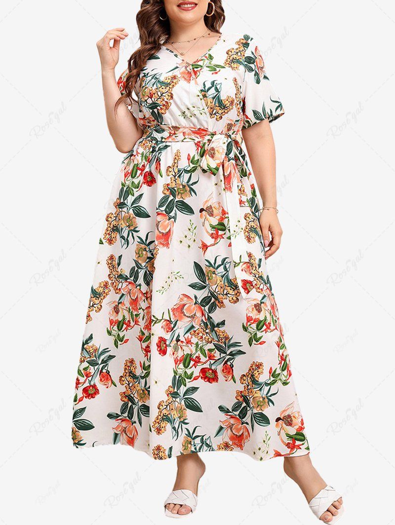 Cheap Plus Size Flowers Leaf Print Surplice Dress With Belt  