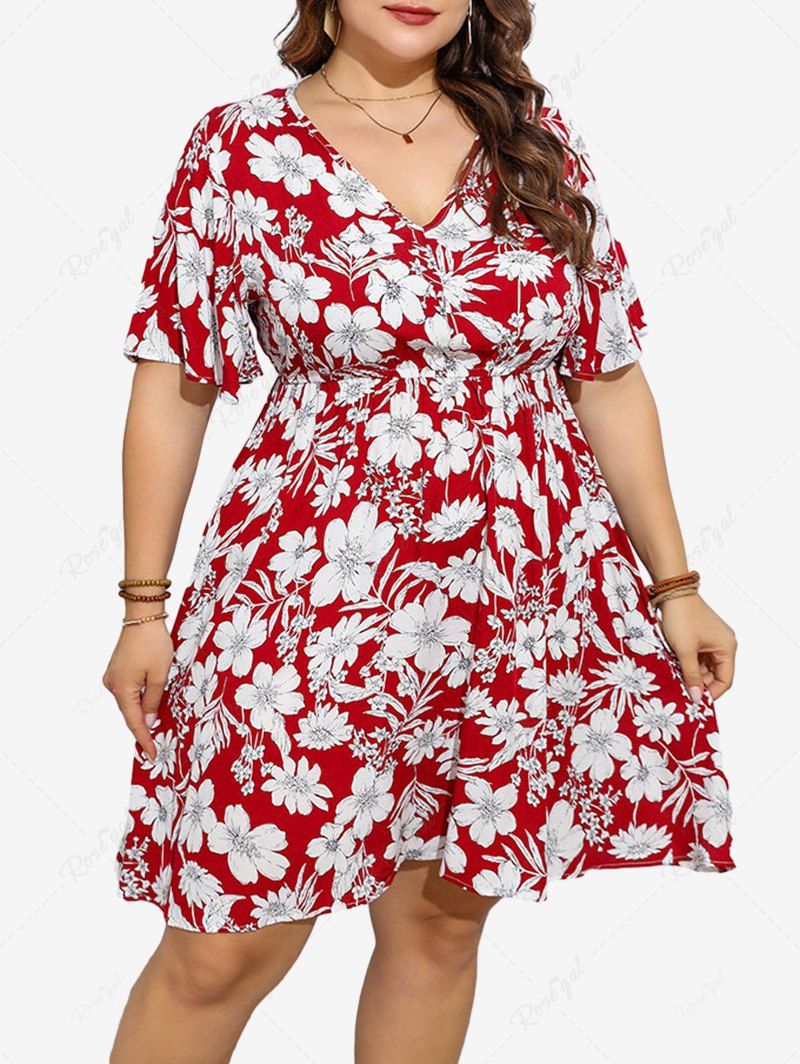 Sale Plus Size Flowers Leaf Print Ruched Flutter Sleeve Dress  