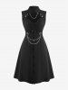 Gothic Cut Out Panel Full Button Chain Buckle Grommet Solid Sleeveless A Line Dress -  