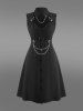 Gothic Cut Out Panel Full Button Chain Buckle Grommet Solid Sleeveless A Line Dress -  