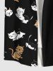 Chemise Chat Japonais Imprimé avec Poche Boutonnée - Noir 3XL