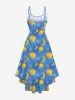 Robe Asymétrique Ligne A Etoile Lune et Soleil Imprimés de Grande Taille à Paillettes - Bleu 6X