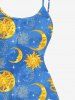 Robe Asymétrique Ligne A Etoile Lune et Soleil Imprimés de Grande Taille à Paillettes - Bleu 6X