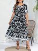 Robe Cache-Coeur Vintage Imprimée Florale Grande Taille avec Ceinture - Noir 4XL