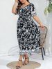 Robe Cache-Coeur Vintage Imprimée Florale Grande Taille avec Ceinture - Noir 4XL