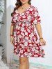 Plus Size Flowers Leaf Print Ruched Flutter Sleeve Dress -  