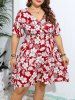 Plus Size Flowers Leaf Print Ruched Flutter Sleeve Dress -  