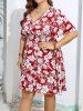 Plus Size Flowers Leaf Print Ruched Flutter Sleeve Dress -  
