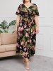 Robe Cache-Coeur Imprimé Feuille et Fleur Grande Taille avec Ceinture - Noir 5XL