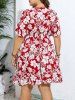 Plus Size Flowers Leaf Print Ruched Flutter Sleeve Dress -  