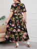 Robe Cache-Coeur Imprimé Feuille et Fleur Grande Taille avec Ceinture - Noir 5XL