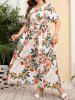 Plus Size Flowers Leaf Print Surplice Dress With Belt -  