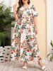 Plus Size Flowers Leaf Print Surplice Dress With Belt -  