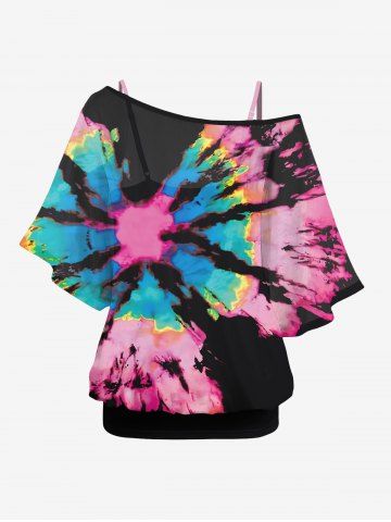 Solid Backless Cami Top and Spiral Tie Dye Print T-shirt and Flare Pants Plus Size Matching Set