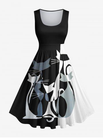 Plus Size Cat Colorblock Print 1950s Vintage Swing A Line Dress - MULTI-A - L