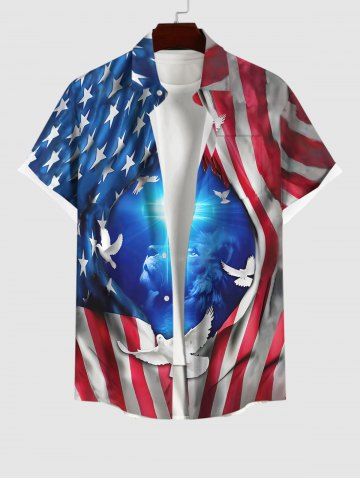 Plus Size Ripped American Flag Lion Glitter Cross Peace Dove Print Button Pocket Shirt For Men - MULTI-A - S