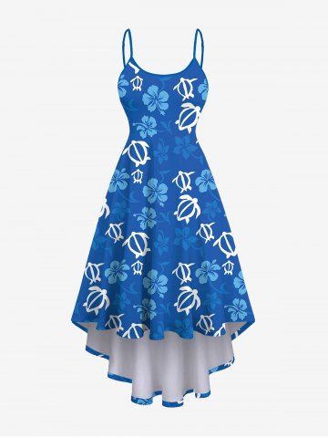 Robe Asymétrique Ligne A Haute Basse Ombré Fleurie Imprimée de Grande Taille - BLUE - XS