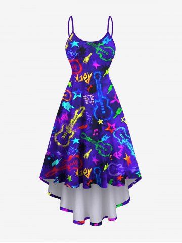 Plus Size Glitter Guitar Star Letters Print Hawaii High Low Asymmetric A Line Cami Dress - BLUE - XS