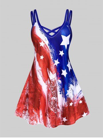 Plus Size American Flag Patriotic Crisscross A Line Sleeveless Dress - MULTI-A - 5X | US 30-32