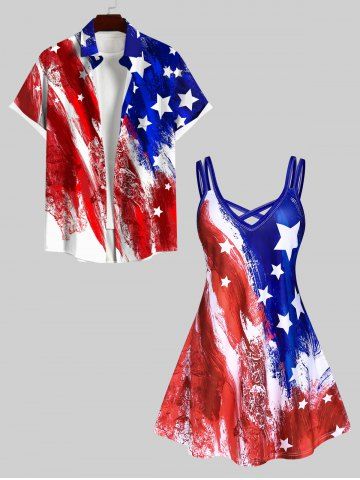 American Flag Paint Print Plus Size Matching Set For Couples - MULTI-A