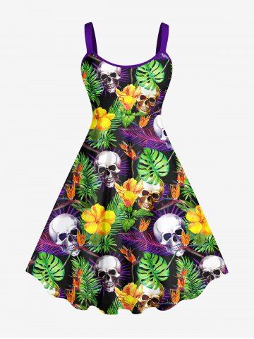 Plus Size Skulls Flower Palm Leaf Print Hawaii Tank Dress - MULTI-A - 3X