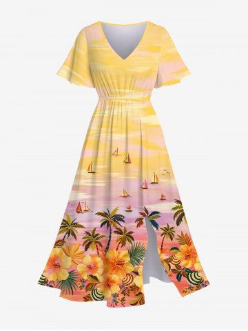 Plus Size Coconut Tree Flowers Sailboat Ombre Sky Print Hawaii Split Dress - YELLOW - M