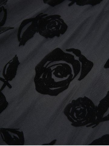 Gothic Plus Size Rose Flowers Flocking Mesh Lace-up Grommets Lace Trim Asymmetrical Tank Top