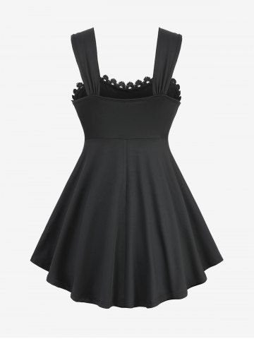 Gothic Plus Size Rose Flowers Flocking Mesh Lace-up Grommets Lace Trim Asymmetrical Tank Top