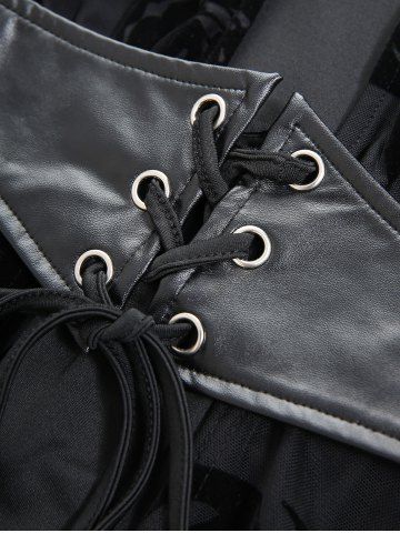 Gothic Plus Size Rose Flowers Flocking Mesh Lace-up Grommets Lace Trim Asymmetrical Tank Top